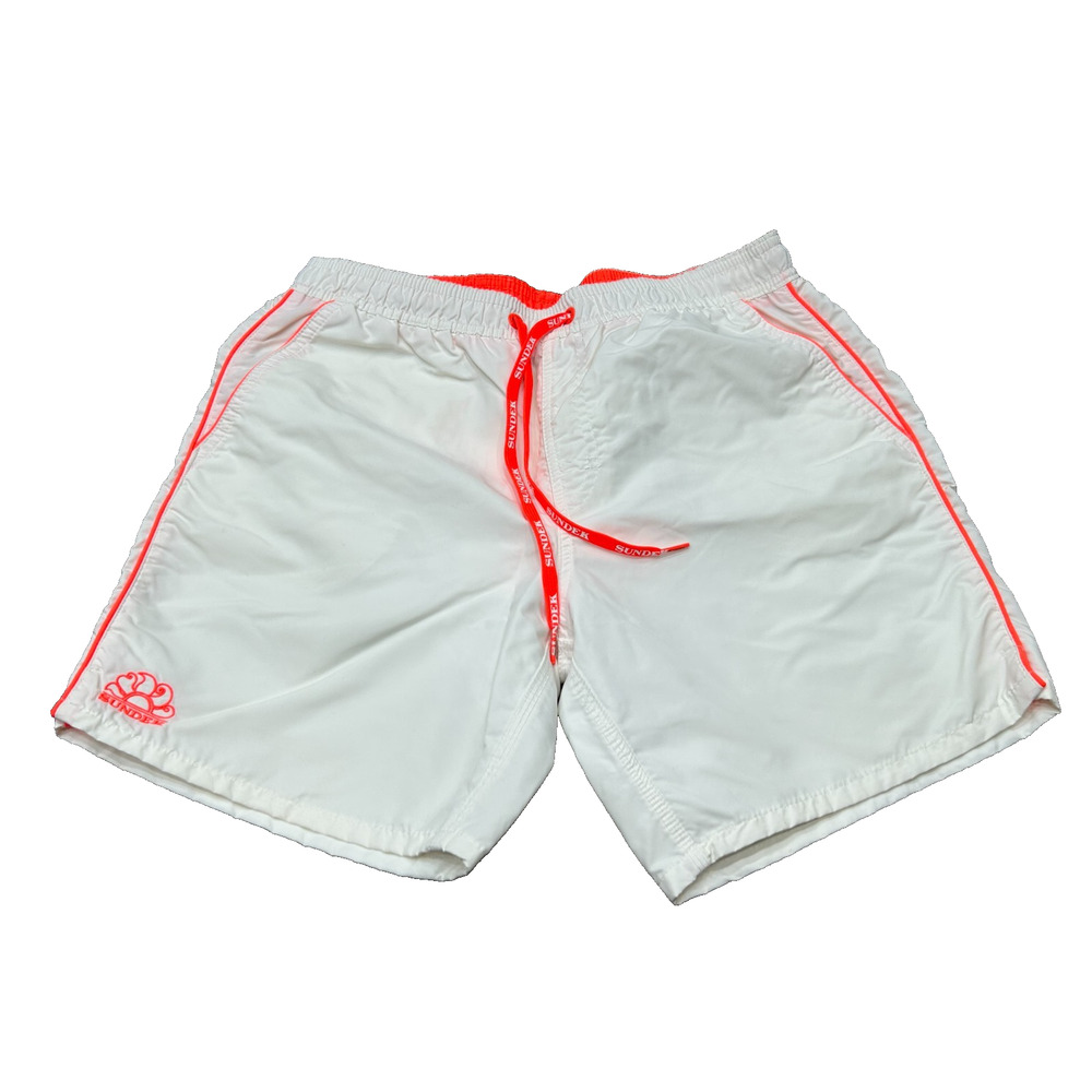 Sundek Mens White Orange Logo Elastic Waist Mesh Lined Swim Trunks Shorts Size S